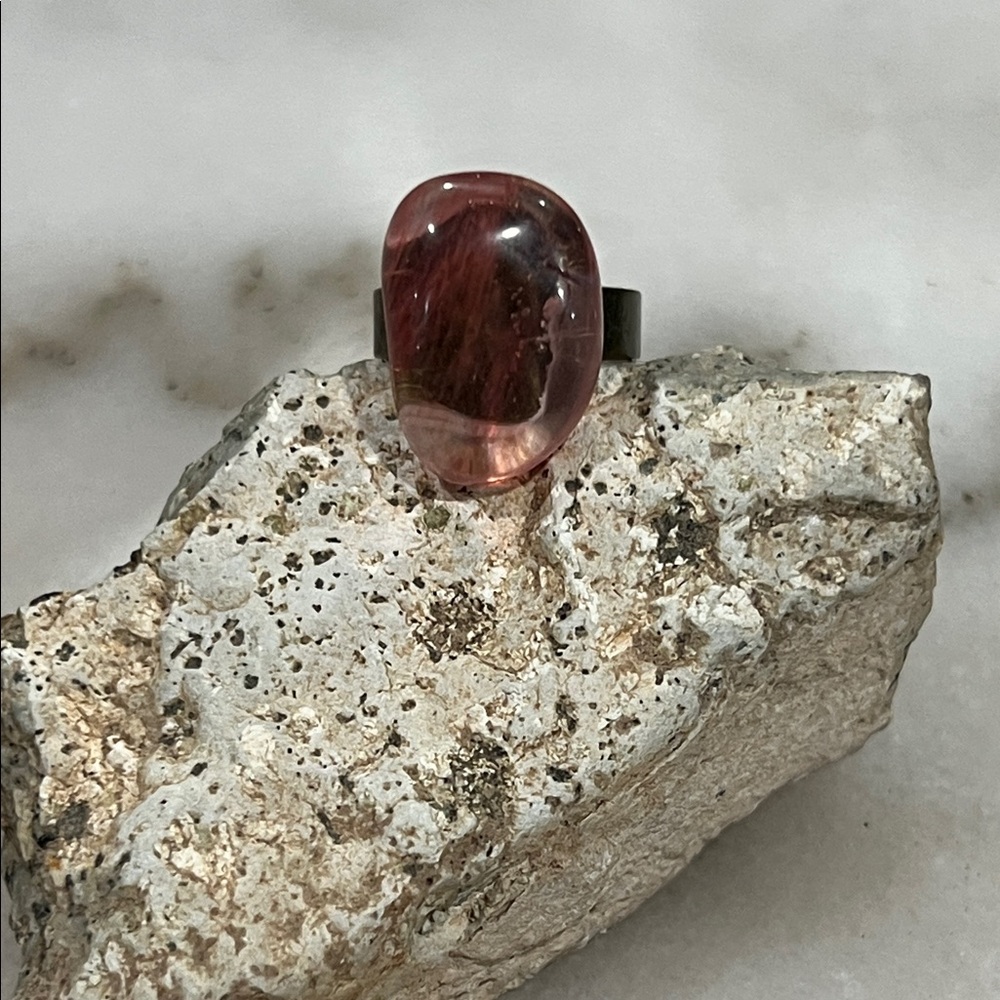 Pink Cherry Quartz Crystal Ring Adjustable Bronze Band Boho Jewelry